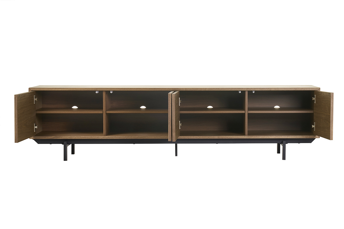 Meuble TV vintage bois fonc� noyer et m�tal noir L200 cm MANNY