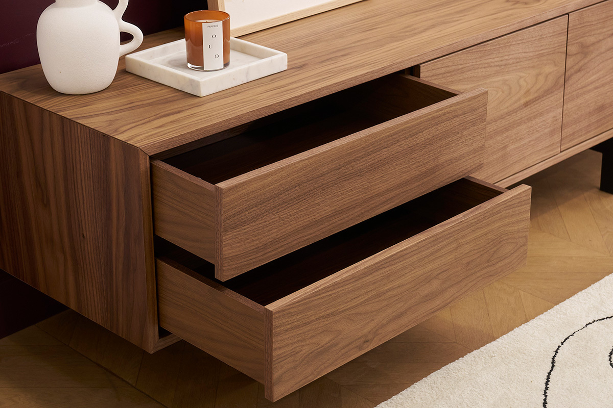 Meuble TV vintage en bois fonc avec rangements ferms L160 cm MANNY