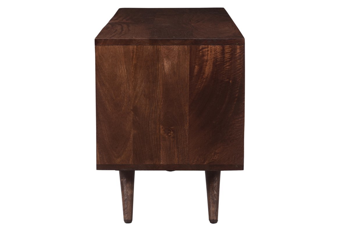Meuble TV vintage en bois fonc manguier massif 1 porte 1 tiroir gravs L120 cm REKHA