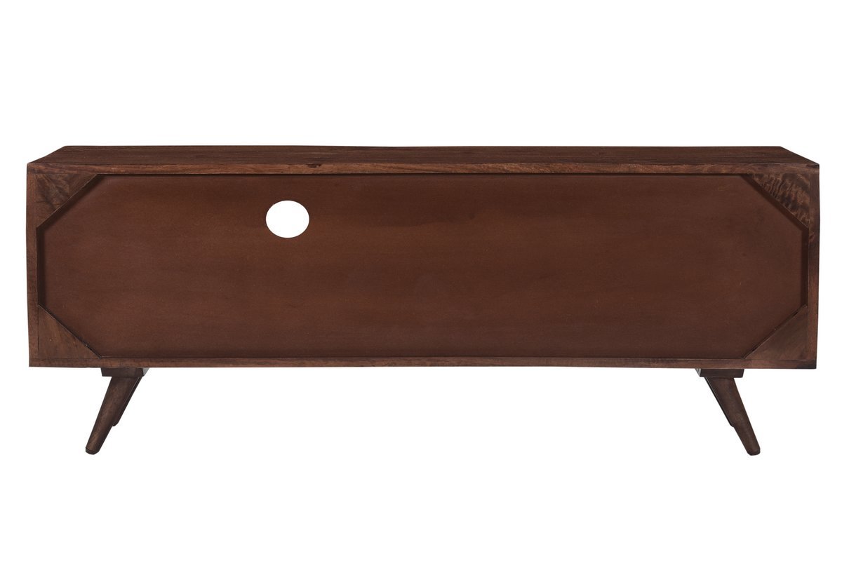 Meuble TV vintage en bois fonc manguier massif 1 porte 1 tiroir gravs L120 cm REKHA