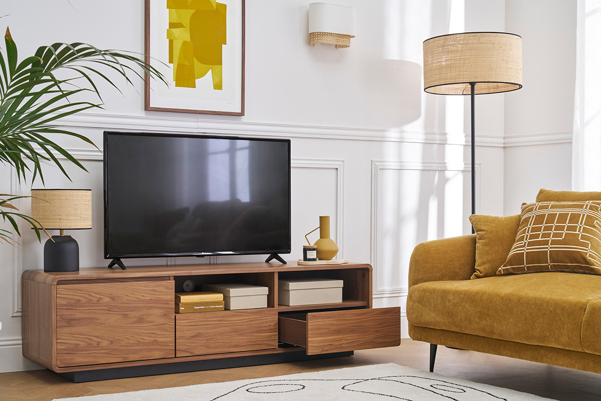 Meuble TV vintage en bois fonc noyer et mtal noir L160 cm JAKO