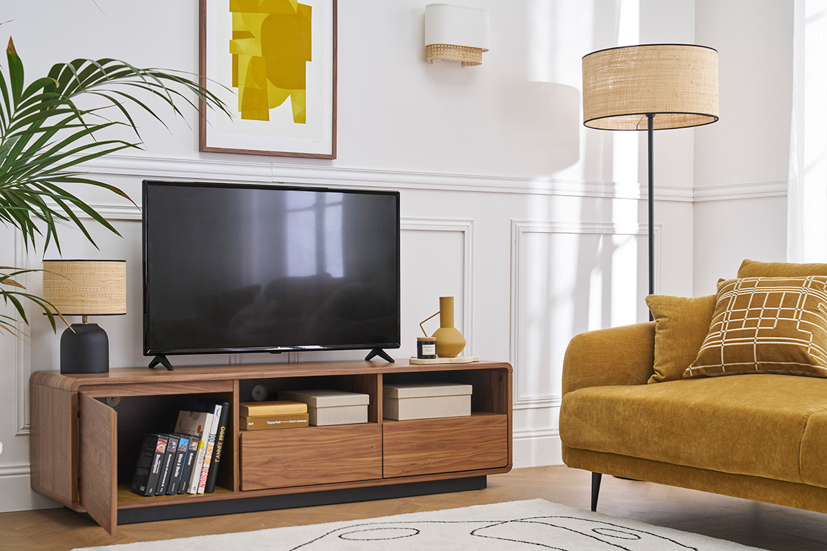 Meuble TV vintage en bois fonc noyer et mtal noir L160 cm JAKO