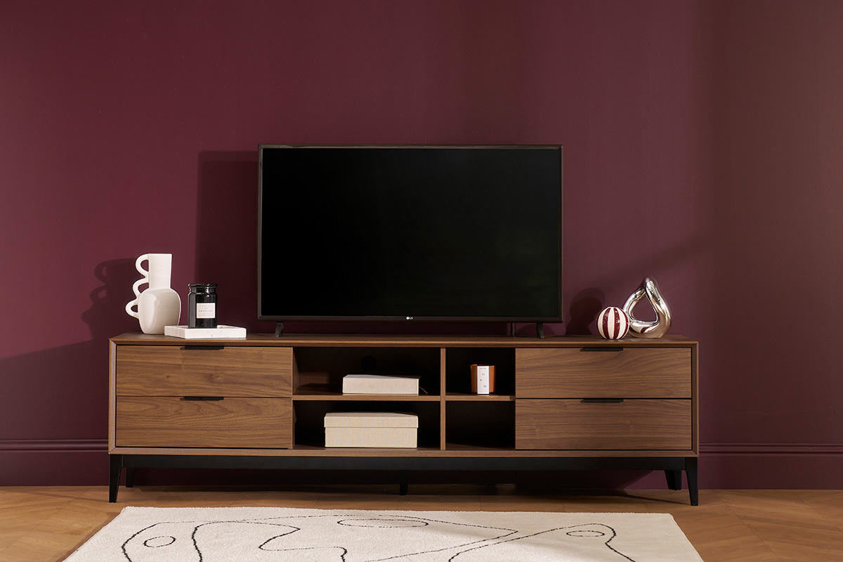 Meuble TV vintage finition bois fonc noyer et mtal noir avec rangements L180 cm SARTO
