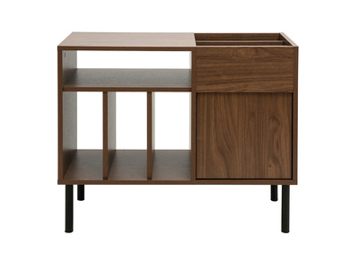 Meuble vinyle en bois fonc&eacute; finiton noyer et m&eacute;tal noir L90 cm KANE