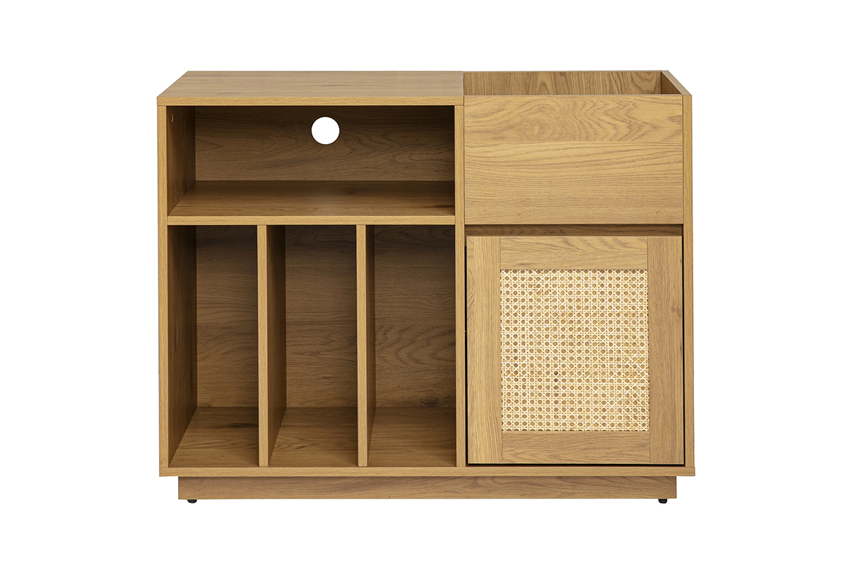 Meuble vinyle finition bois clair ch�ne et cannage rotin L95 cm ALICANTE
