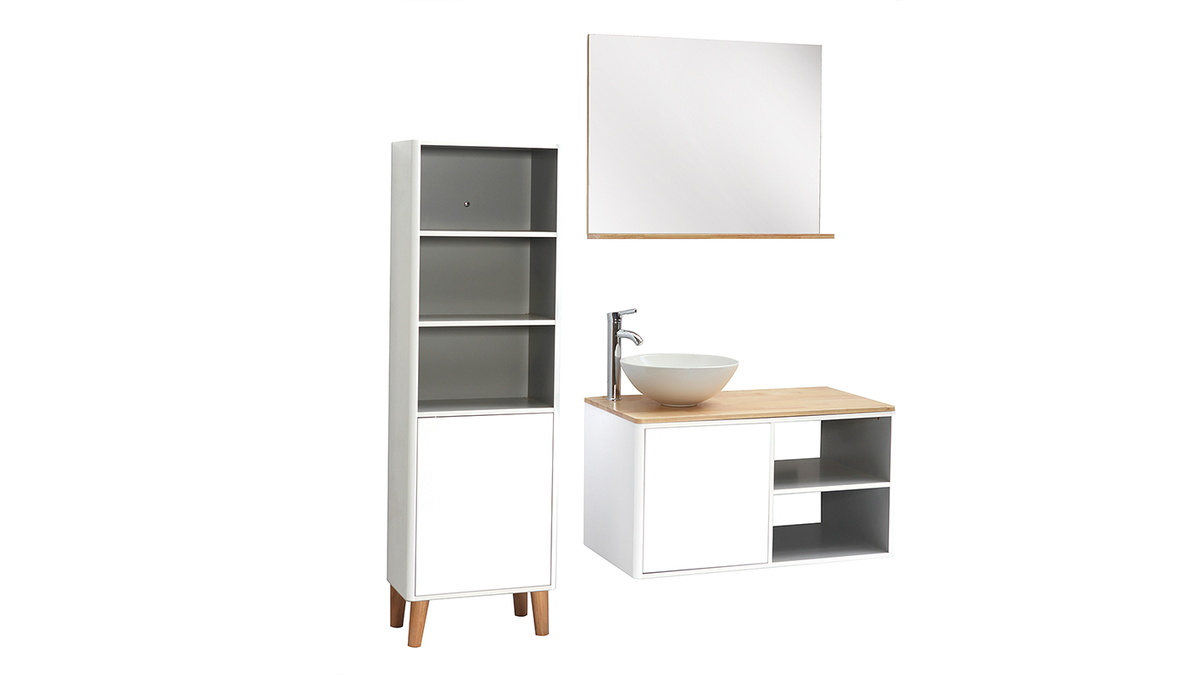 Meubles de salle de bains avec colonne et miroir blanc et bois (sans vasque) LATA