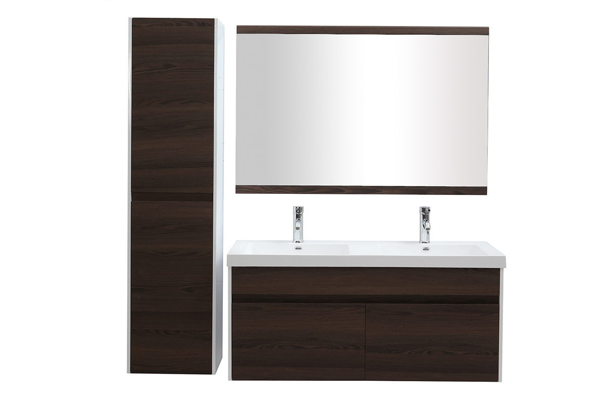 Meubles de salle de bains avec double vasque, miroir et rangements blanc et bois fonc GANFO