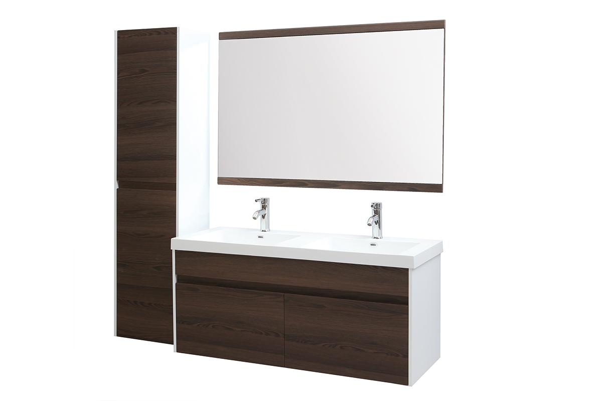 Meubles de salle de bains avec double vasque, miroir et rangements blanc et bois fonc GANFO