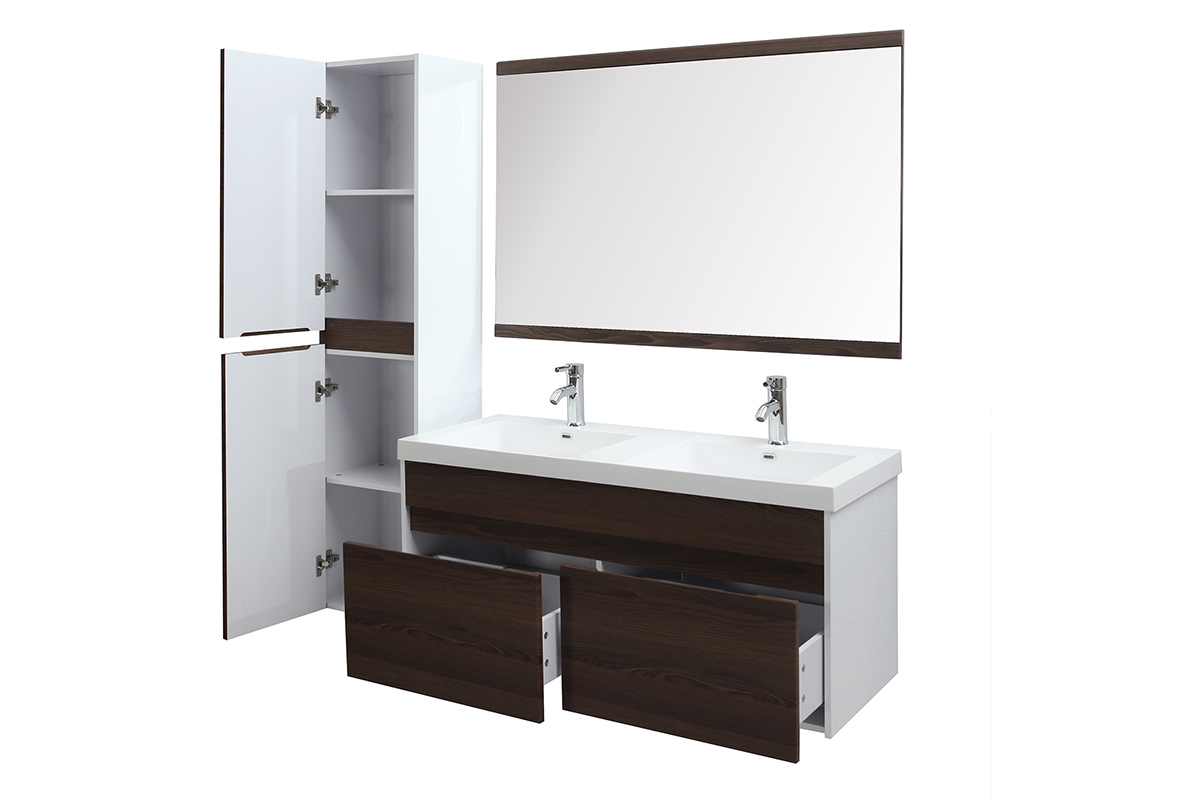 Meubles de salle de bains avec double vasque, miroir et rangements blanc et bois fonc GANFO