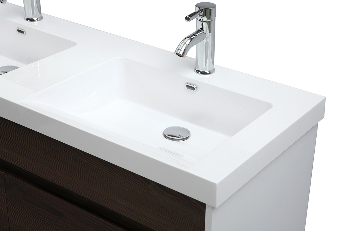 Meubles de salle de bains avec double vasque, miroir et rangements blanc et bois fonc GANFO