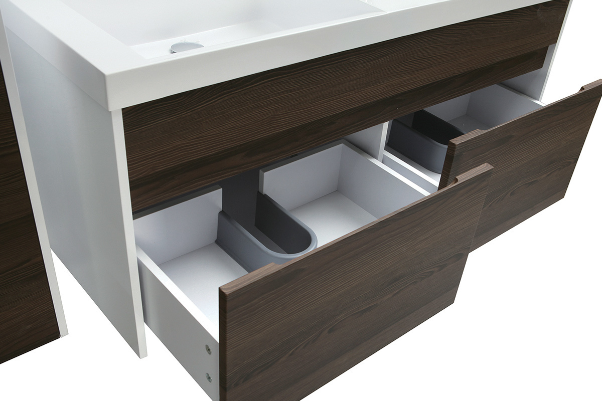 Meubles de salle de bains avec double vasque, miroir et rangements blanc et bois fonc GANFO