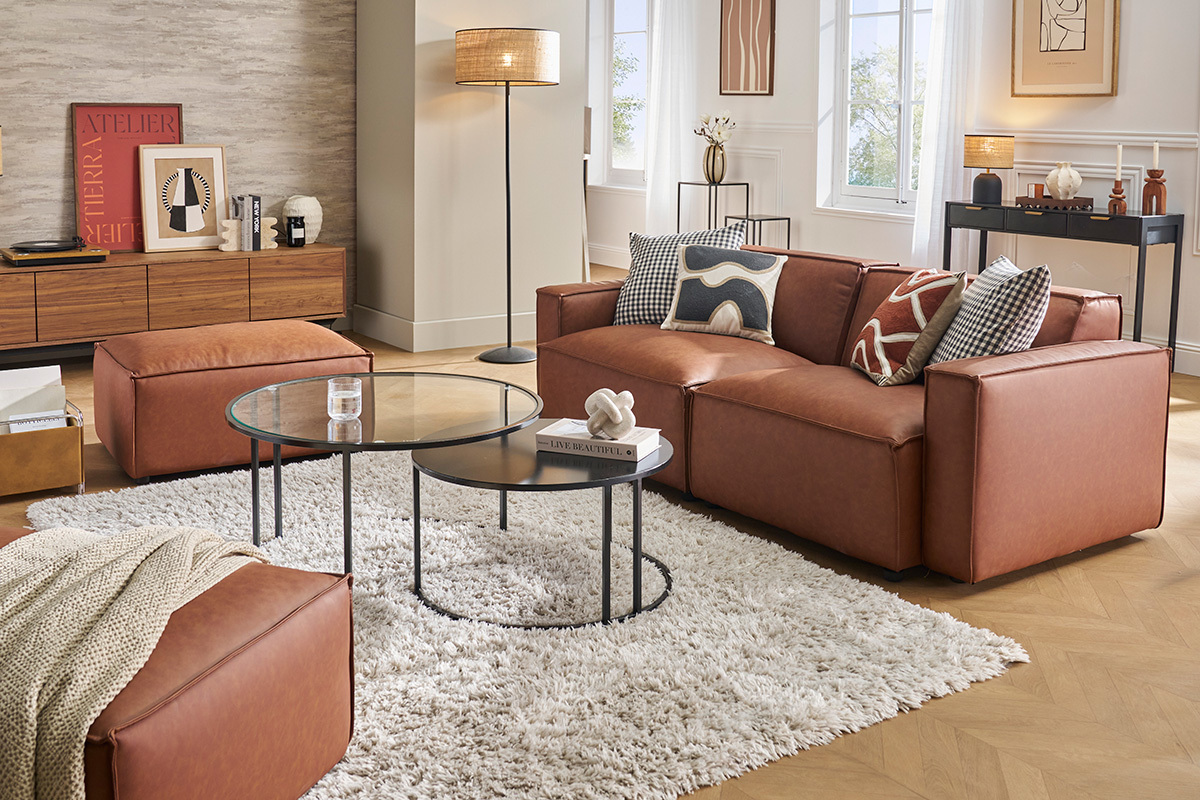 Module d'angle central pour canap� en tissu chenille beige SPLIT