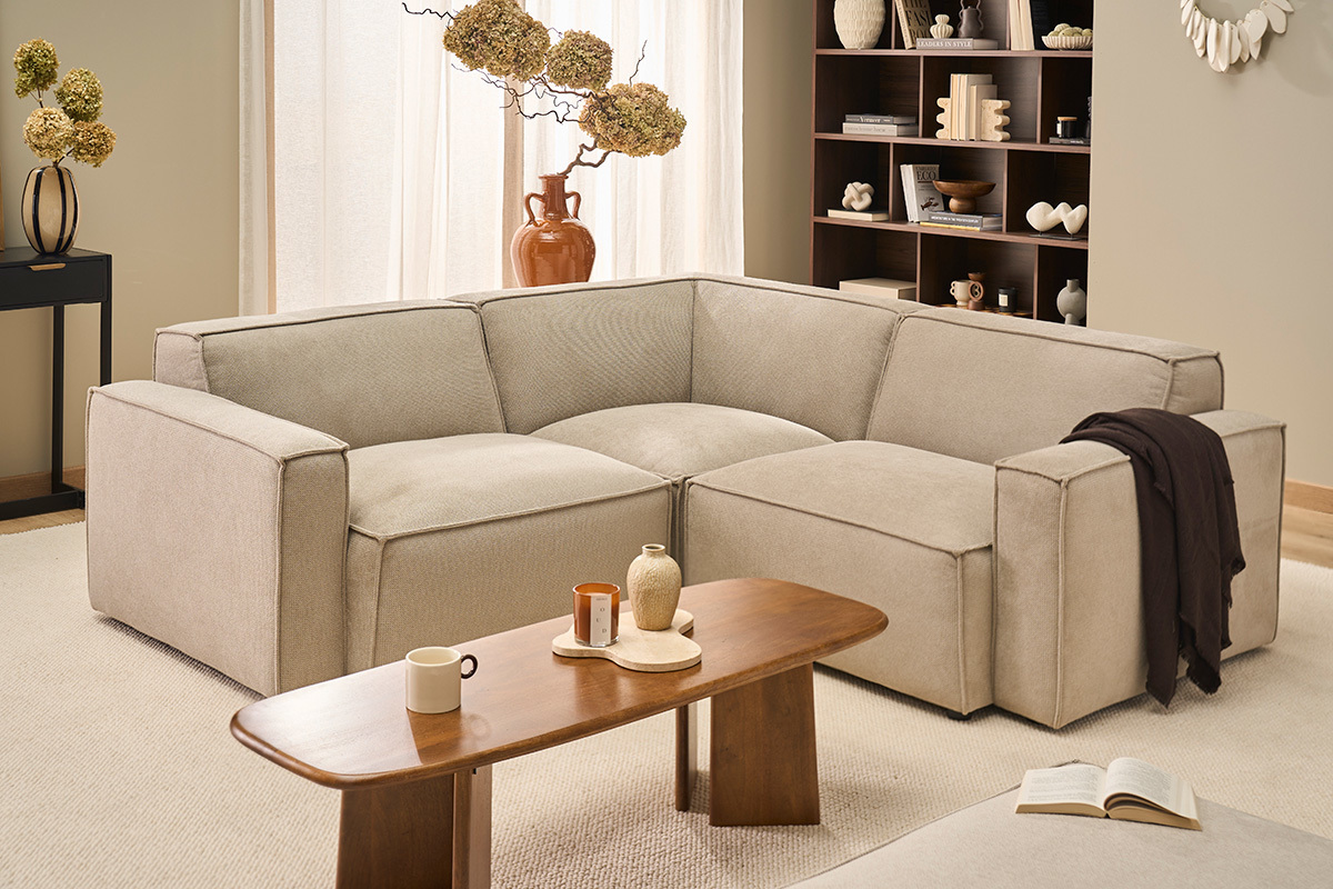 Module d'angle central pour canap� en tissu chenille beige SPLIT