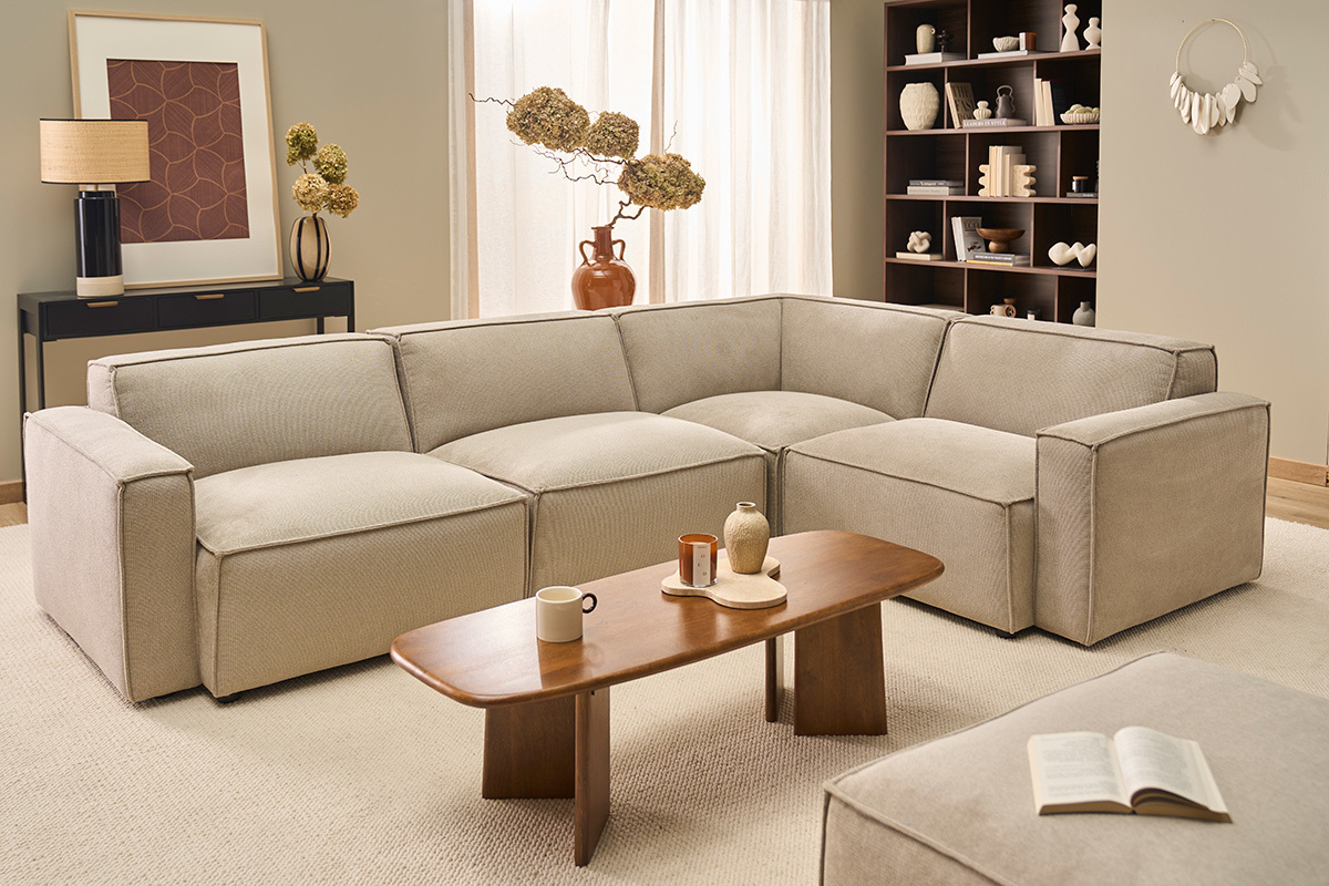 Module d'angle central pour canap� en tissu chenille beige SPLIT