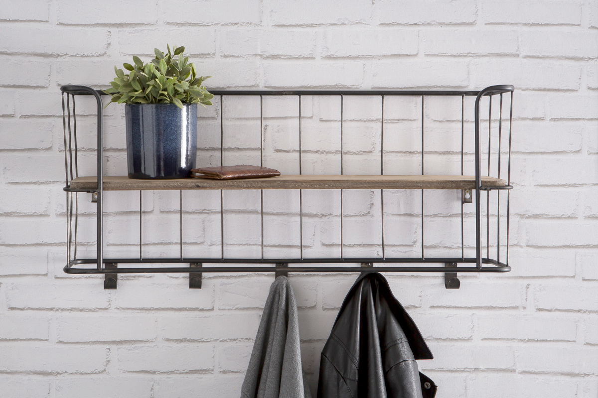 Porte-manteau mural m�tal gris et bois 85 cm MANUFACTURE