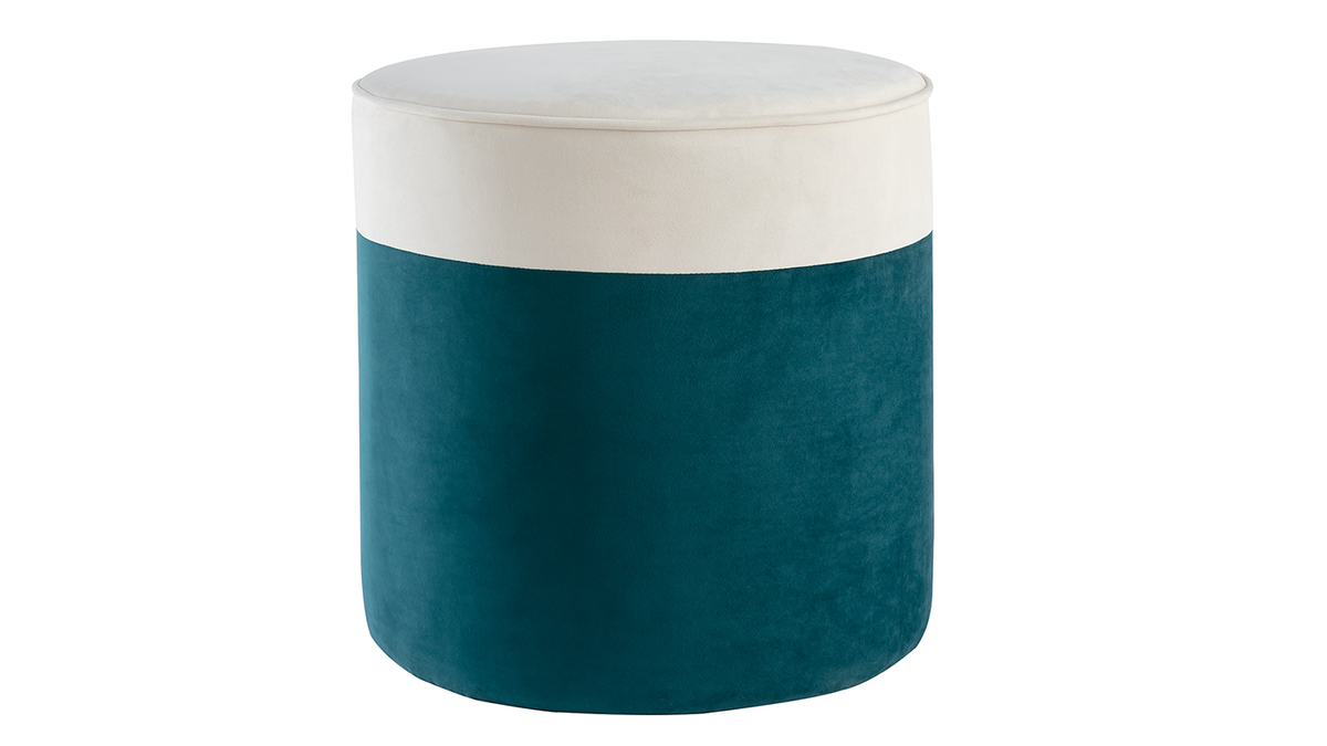 Pouf design bicolore en tissu velours blanc crme et bleu paon D40 cm DAISY