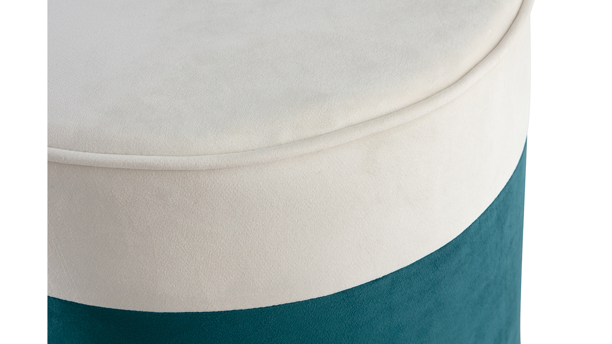 Pouf design bicolore en tissu velours blanc crme et bleu paon D40 cm DAISY