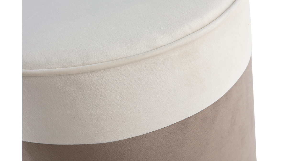 Pouf design bicolore en tissu velours blanc crme et taupe D40 cm DAISY
