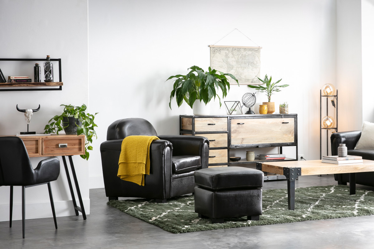 Pouf / repose pied Club cuir marron fonc - cuir de buffle
