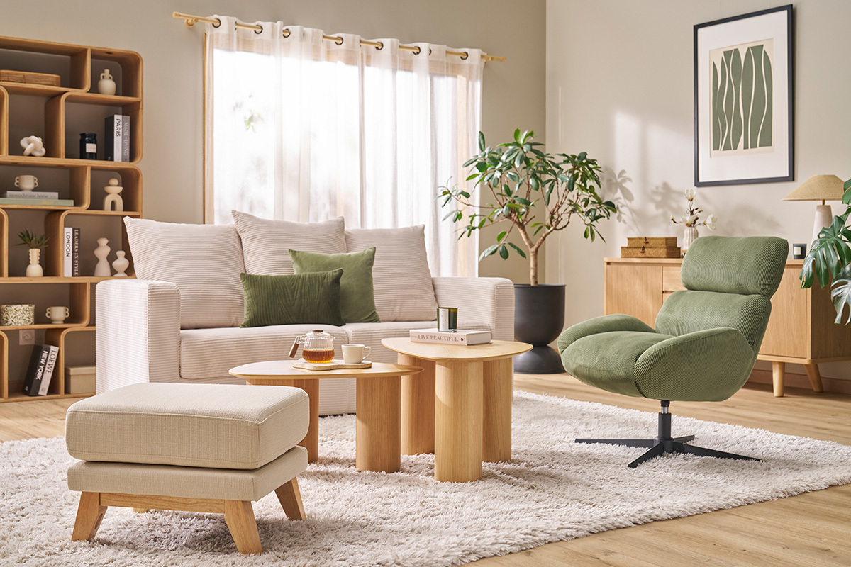 Pouf repose-pieds dhoussable scandinave en tissu beige et bois clair OSLO