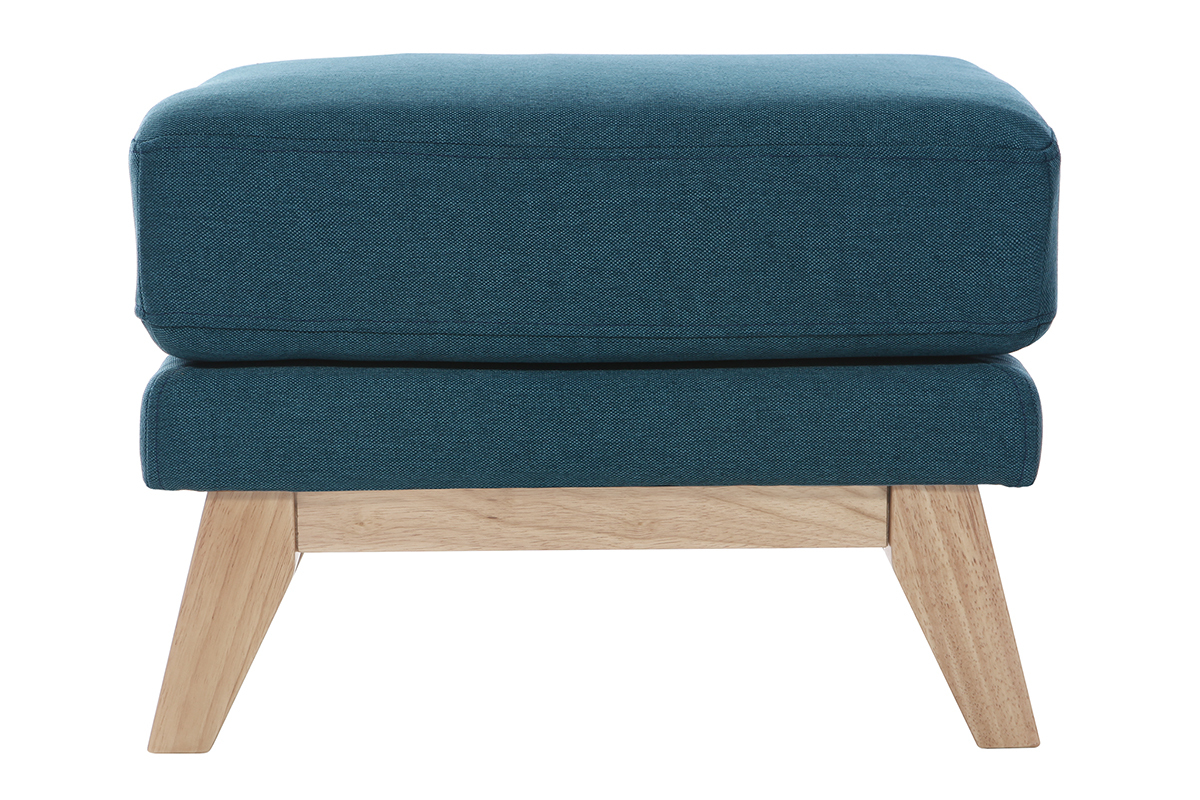 Pouf repose-pieds dhoussable scandinave en tissu bleu canard et bois clair OSLO