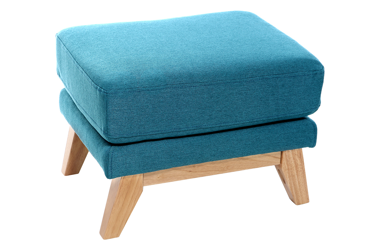 Pouf repose-pieds dhoussable scandinave en tissu bleu canard et bois clair OSLO