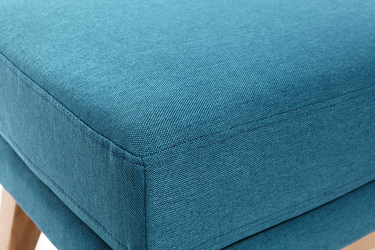Pouf repose-pieds dhoussable scandinave en tissu bleu canard et bois clair OSLO