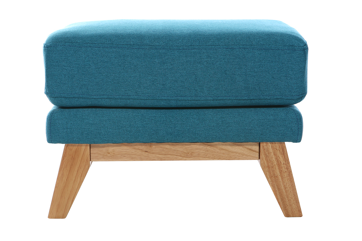 Pouf repose-pieds dhoussable scandinave en tissu bleu canard et bois clair OSLO