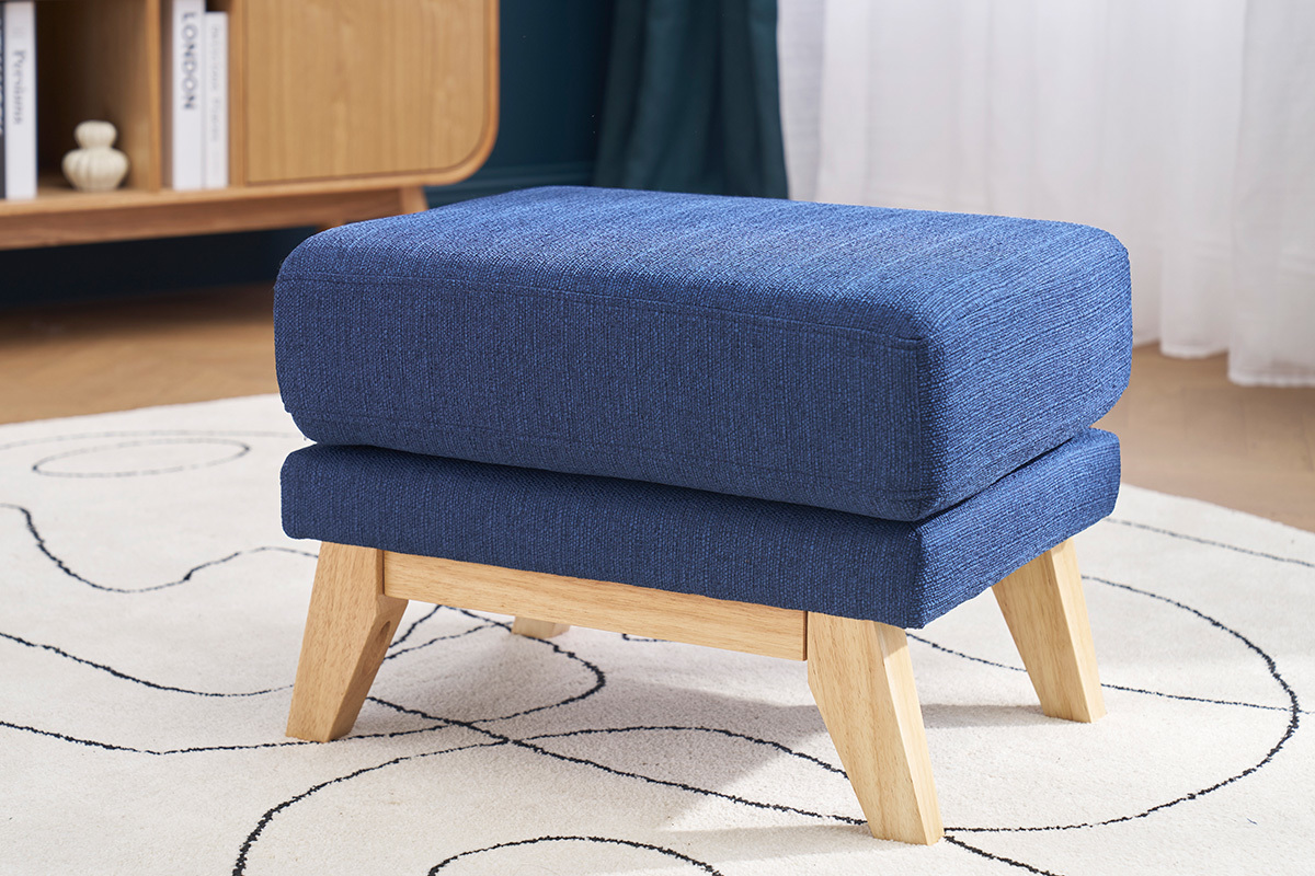 Pouf repose-pieds dhoussable scandinave en tissu bleu fonc et bois clair OSLO
