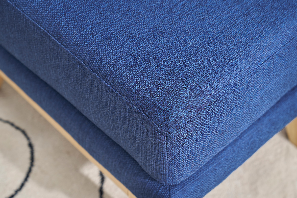 Pouf repose-pieds dhoussable scandinave en tissu bleu fonc et bois clair OSLO