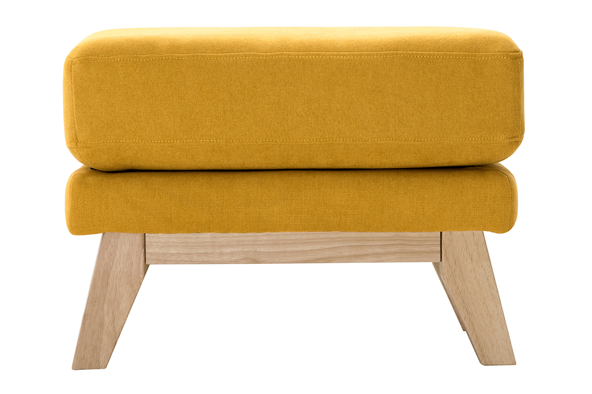 Pouf repose-pieds dhoussable scandinave en tissu effet velours jaune moutarde et bois clair OSLO