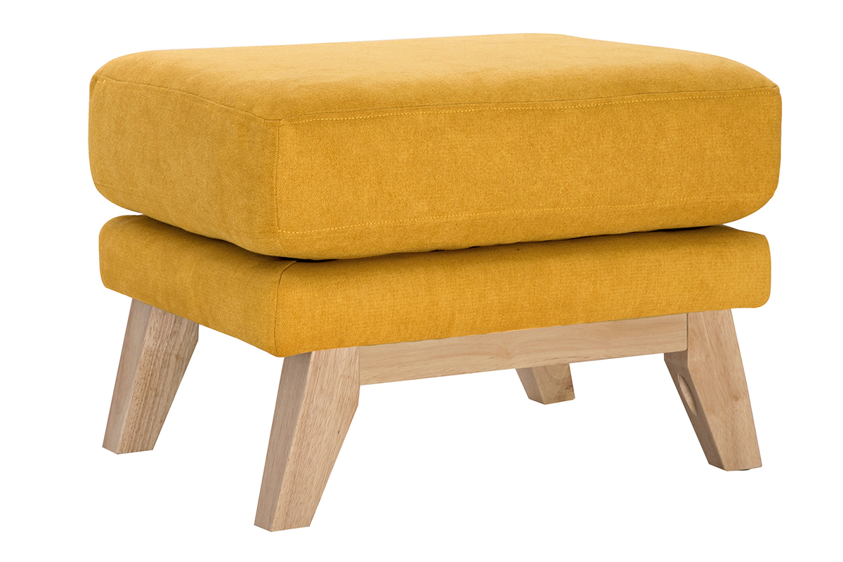 Pouf repose-pieds dhoussable scandinave en tissu effet velours jaune moutarde et bois clair OSLO