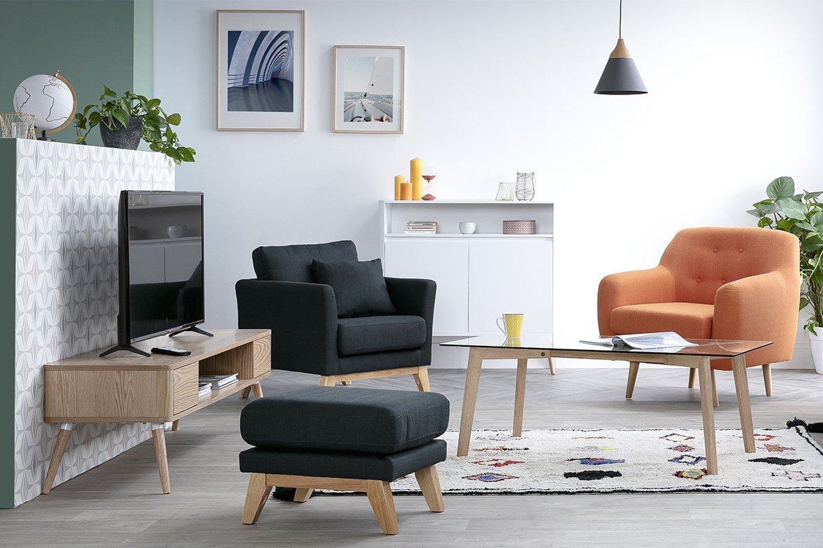 Pouf repose-pieds dhoussable scandinave en tissu effet velours textur terracotta et bois clair OSLO