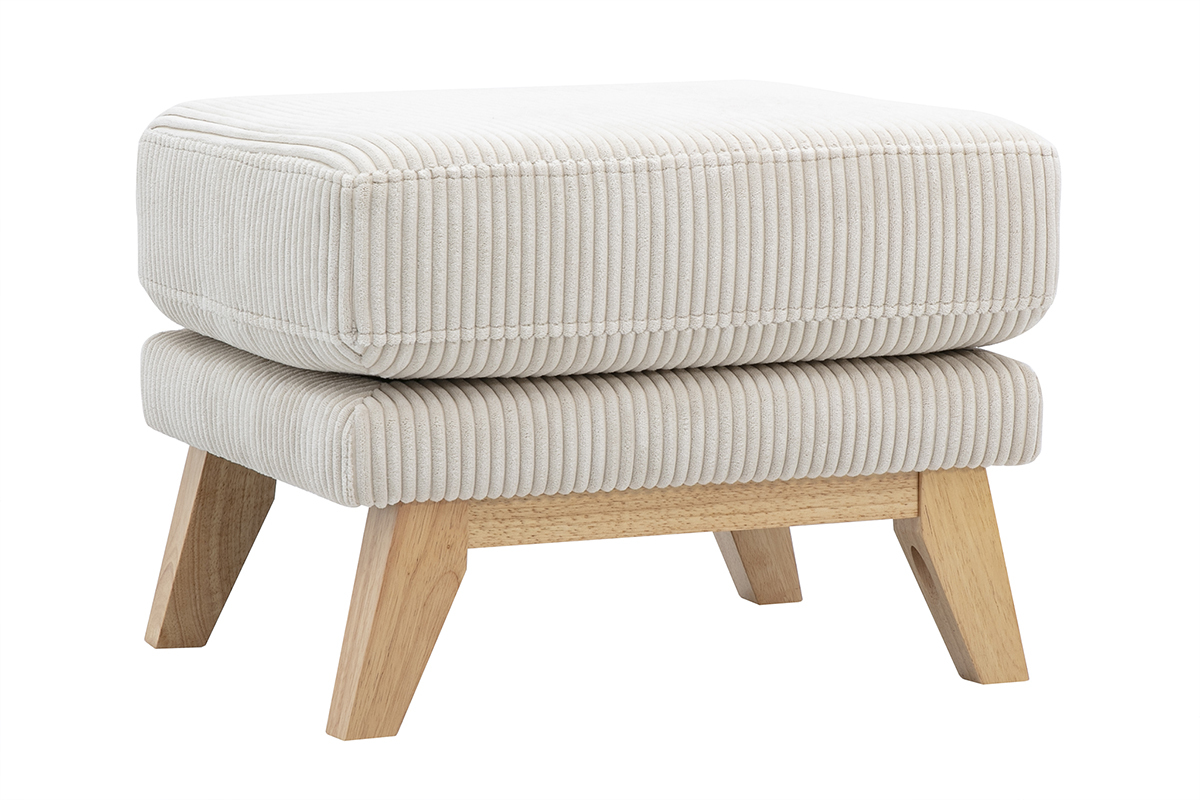 Pouf repose-pieds dhoussable scandinave en tissu velours ctel beige et bois clair OSLO