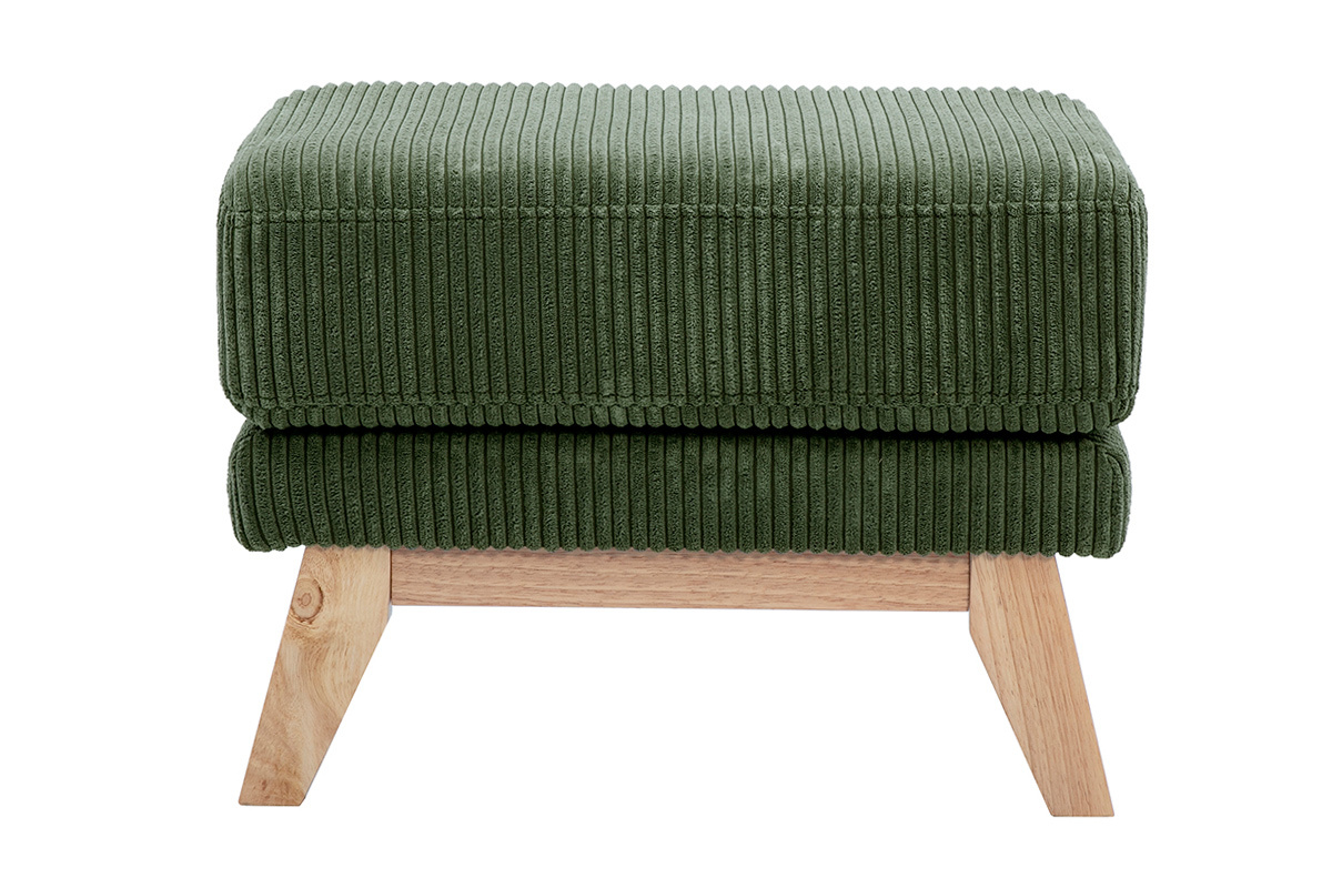 Pouf repose-pieds dhoussable scandinave en tissu velours ctel vert kaki et bois clair OSLO