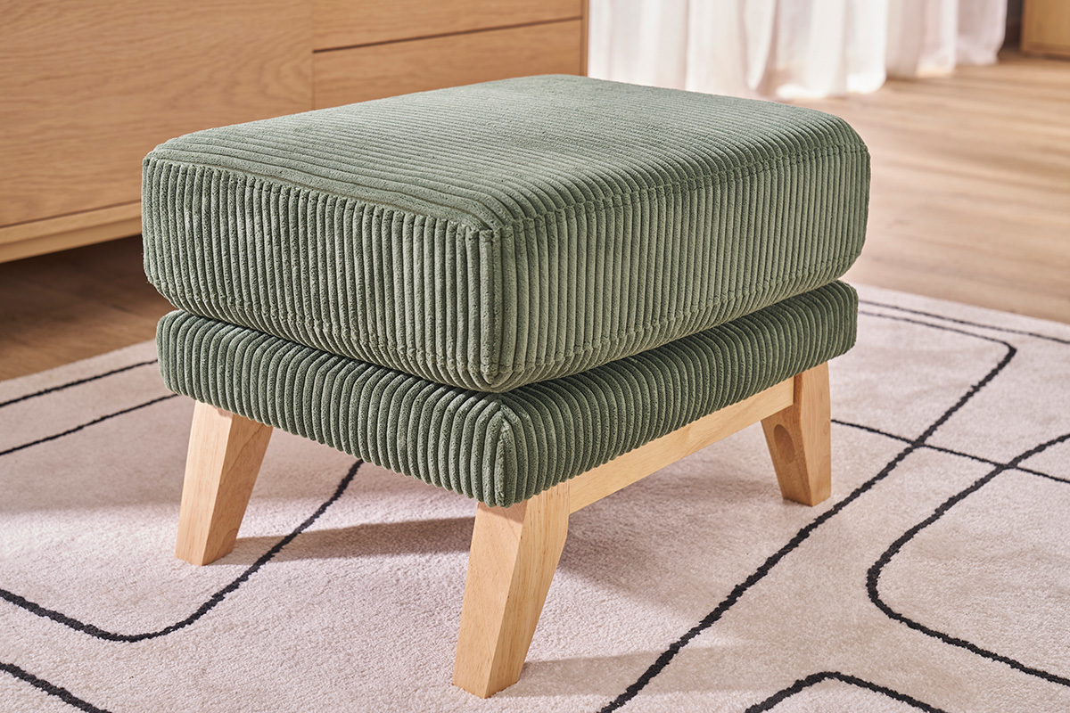 Pouf repose-pieds d�houssable scandinave en tissu velours c�tel� vert kaki et bois clair OSLO