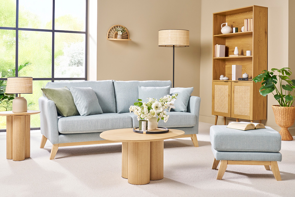 Pouf repose-pieds dhoussable scandinave en tissu vert lagon et bois clair OSLO