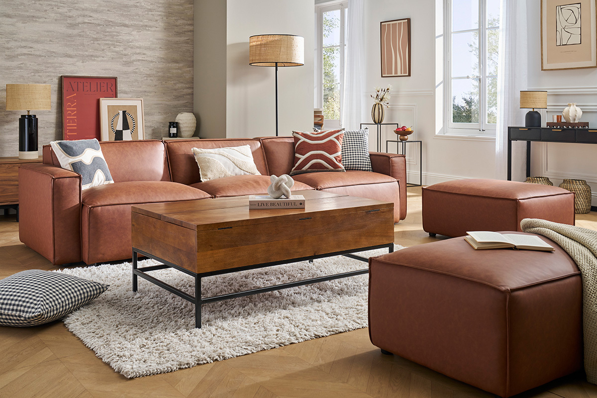 Pouf repose pieds en cuir marron SPLIT