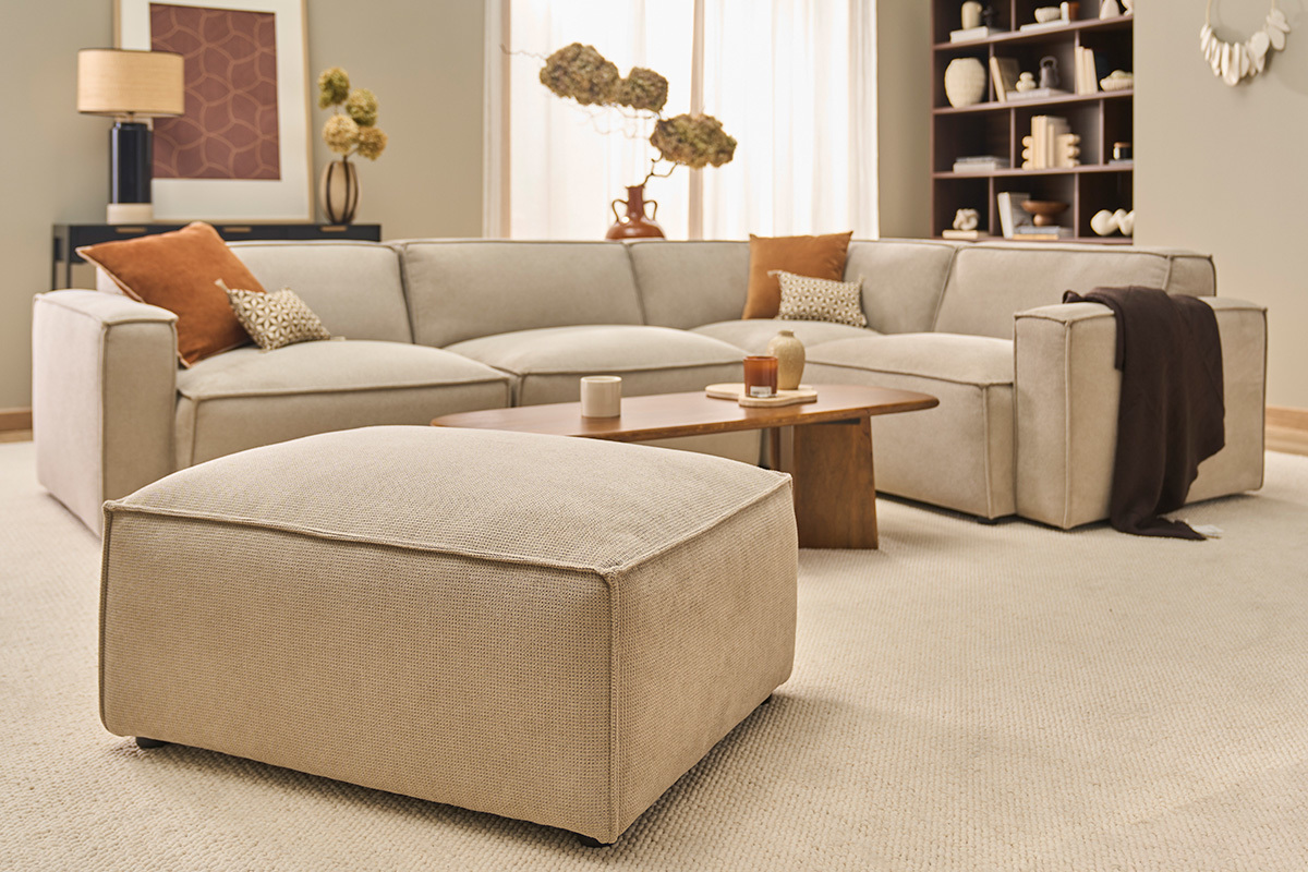 Pouf repose pieds en tissu chenille beige SPLIT