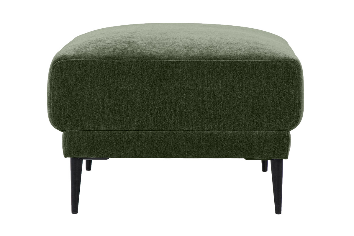 Pouf repose pieds en tissu effet velours vert kaki et m�tal noir JERRY