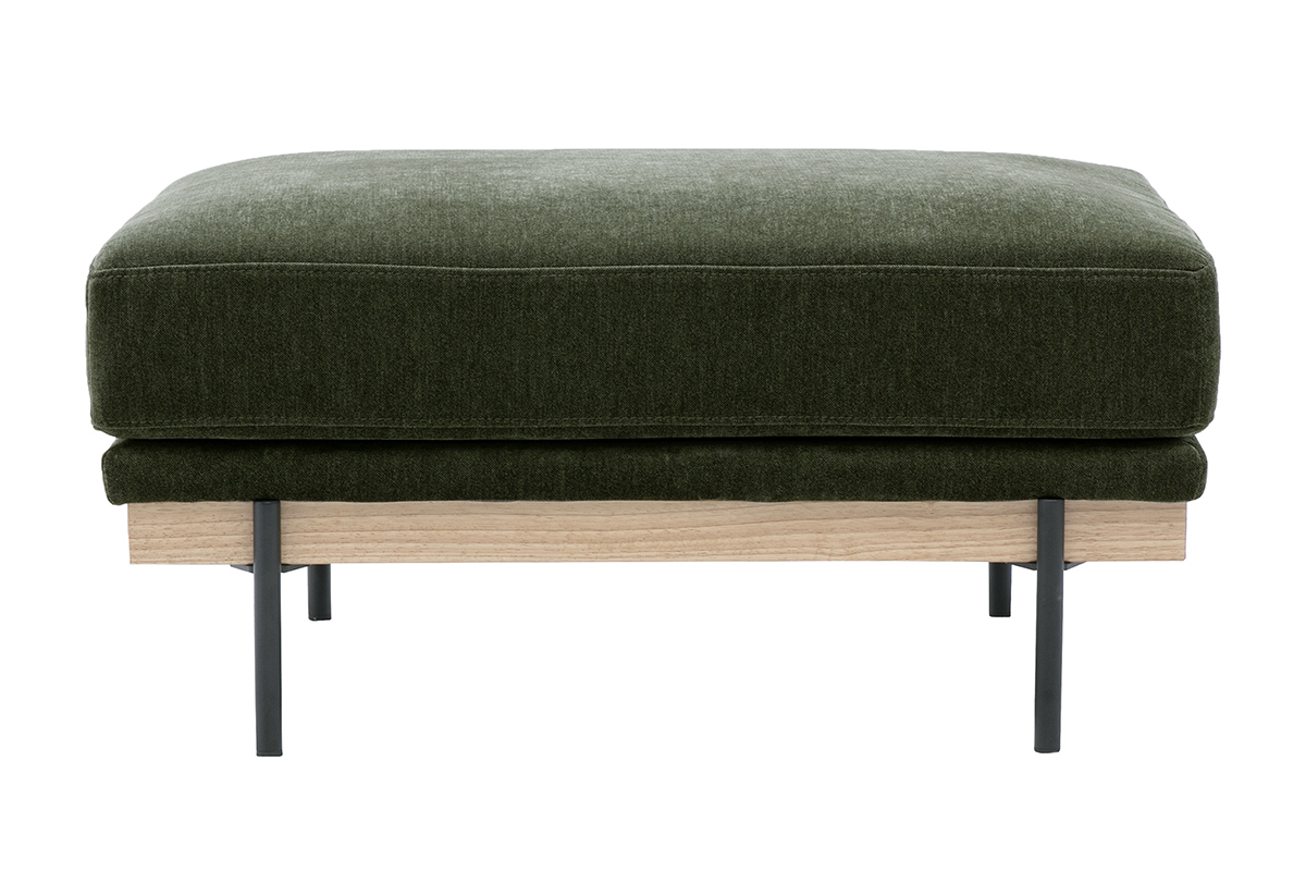 Pouf repose pieds en tissu effet velours vert kaki et m�tal noir TODD