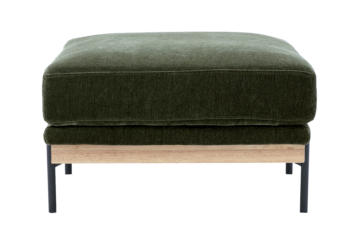 Pouf repose pieds en tissu effet velours vert kaki et m�tal noir TODD