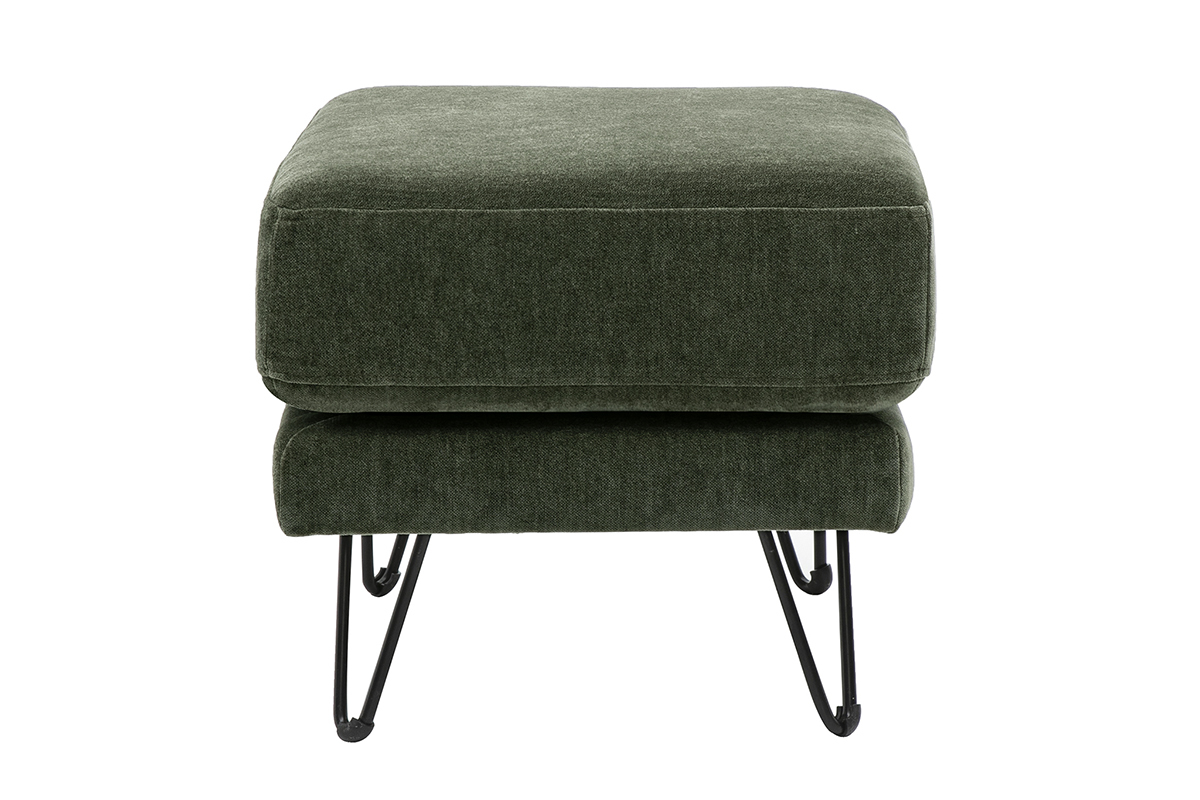 Pouf repose-pieds en tissu effet velours vert kaki et m�tal OSLO