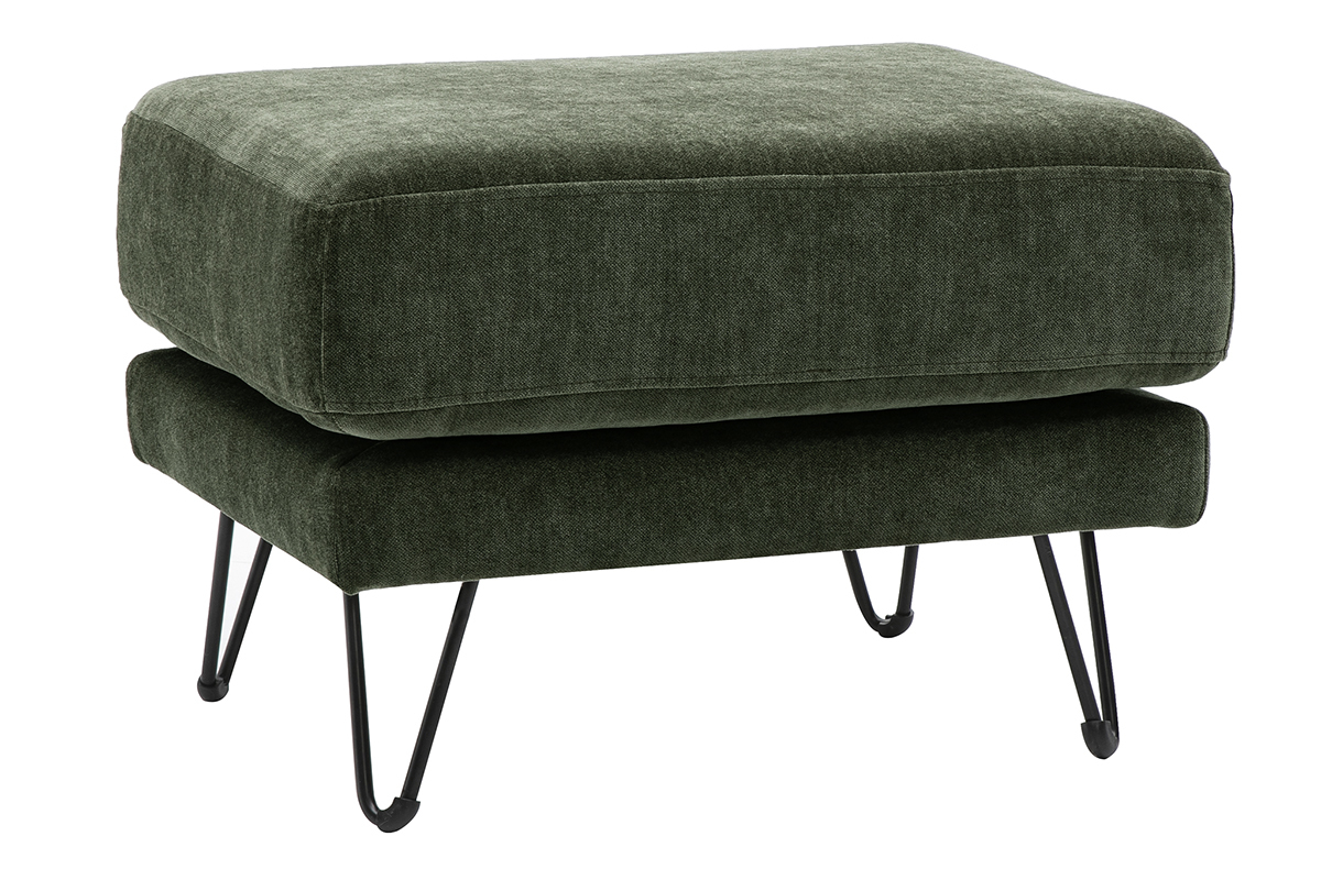 Pouf repose-pieds en tissu effet velours vert kaki et m�tal OSLO