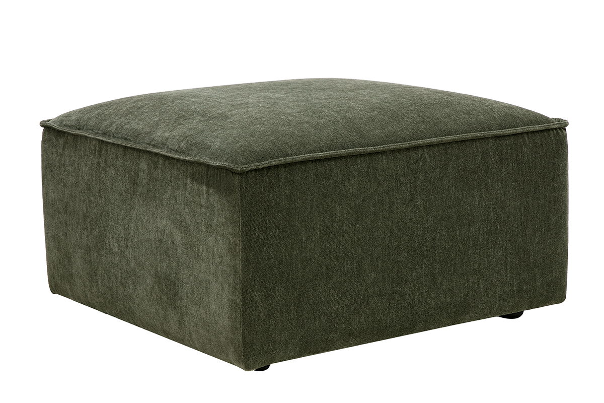 Pouf repose pieds en tissu effet velours vert kaki KERRY