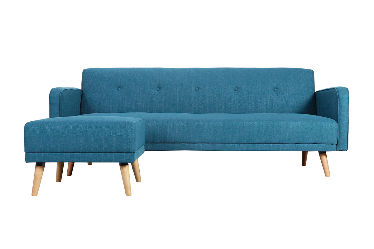 Pouf repose-pieds scandinave en tissu bleu canard et bois clair ULLA