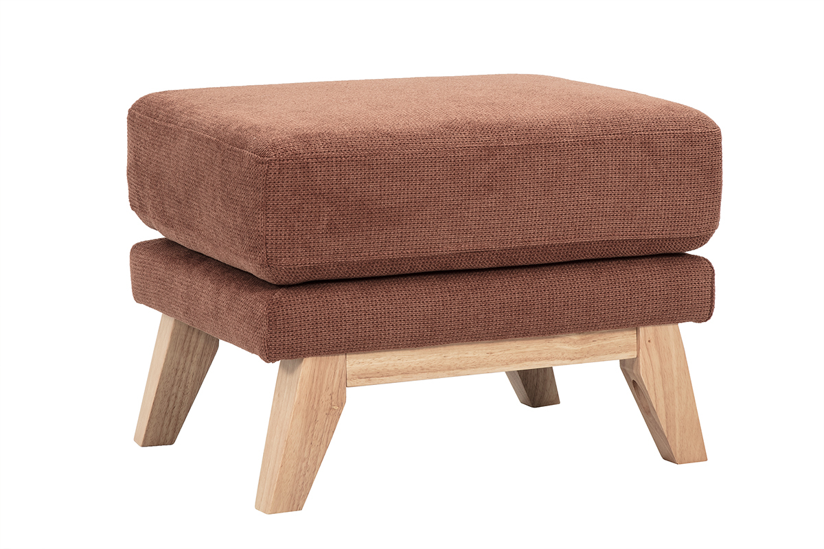 Pouf repose-pieds scandinave en tissu chenille terre br�l�e et bois clair OSLO