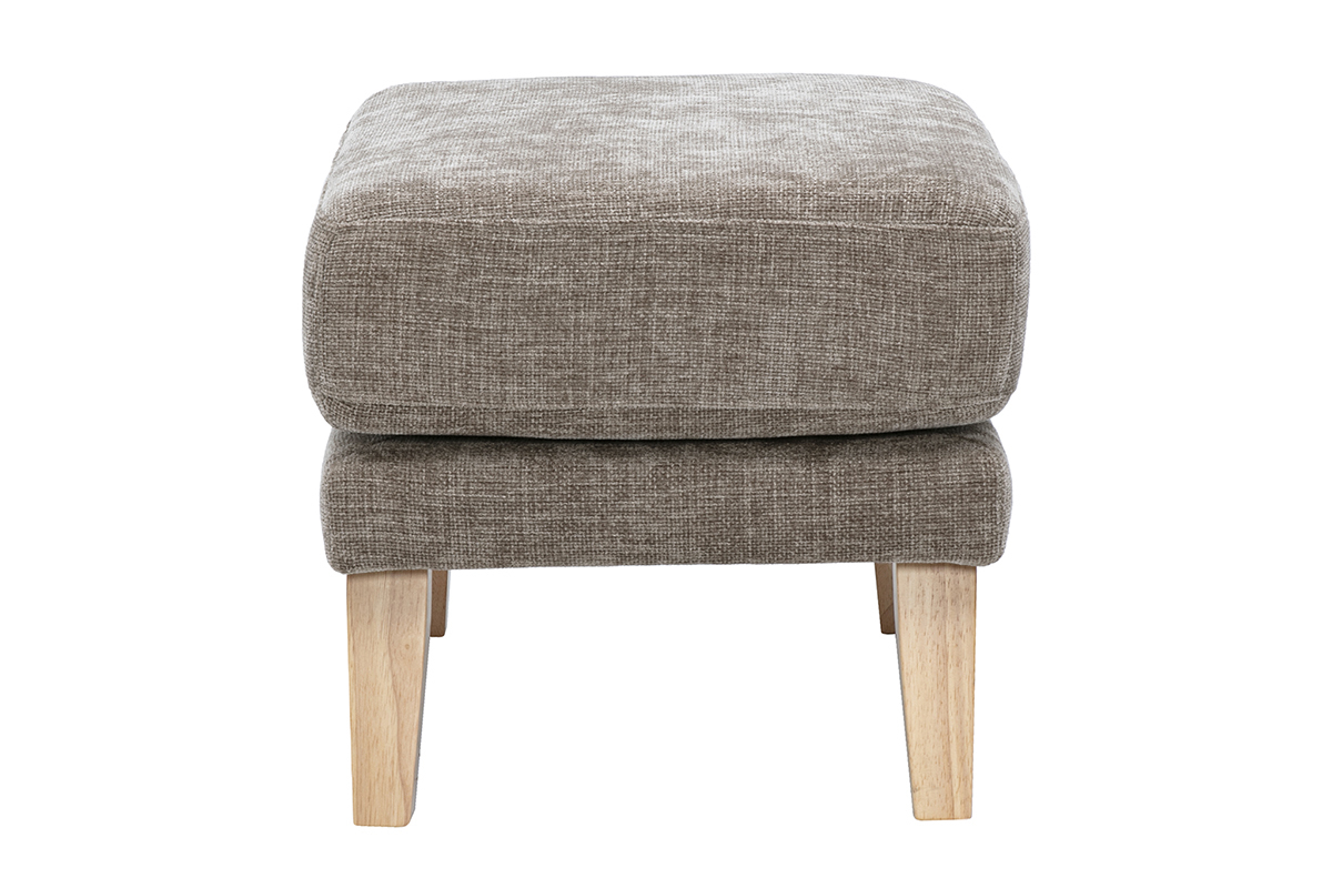 Pouf repose-pieds scandinave en tissu effet velours textur� taupe et bois clair OSLO