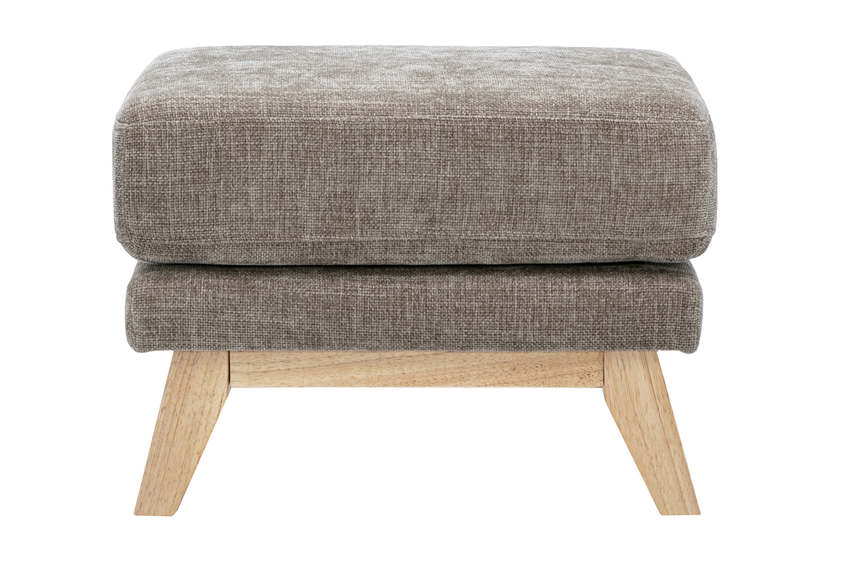 Pouf repose-pieds scandinave en tissu effet velours textur� taupe et bois clair OSLO