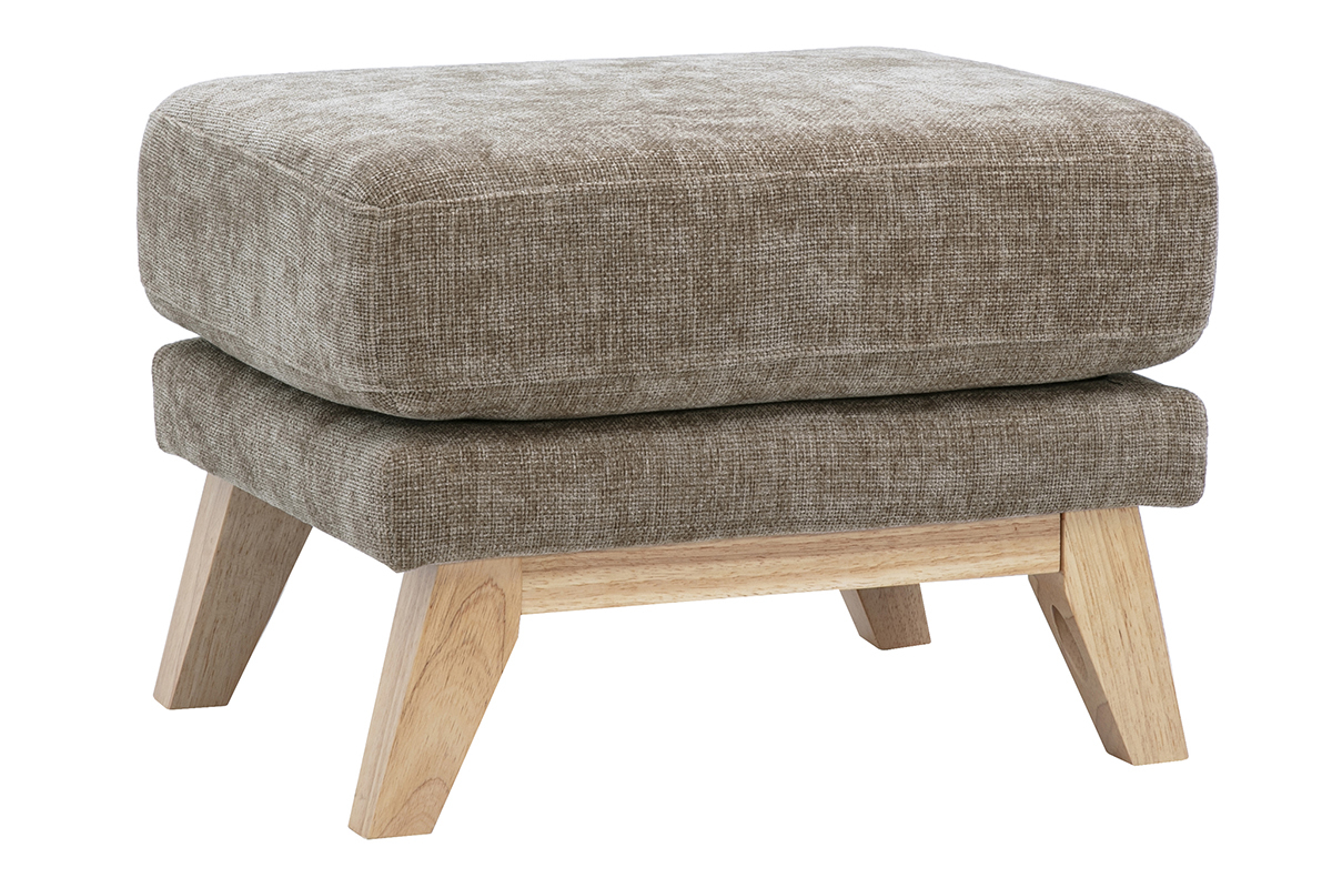 Pouf repose-pieds scandinave en tissu effet velours textur� taupe et bois clair OSLO